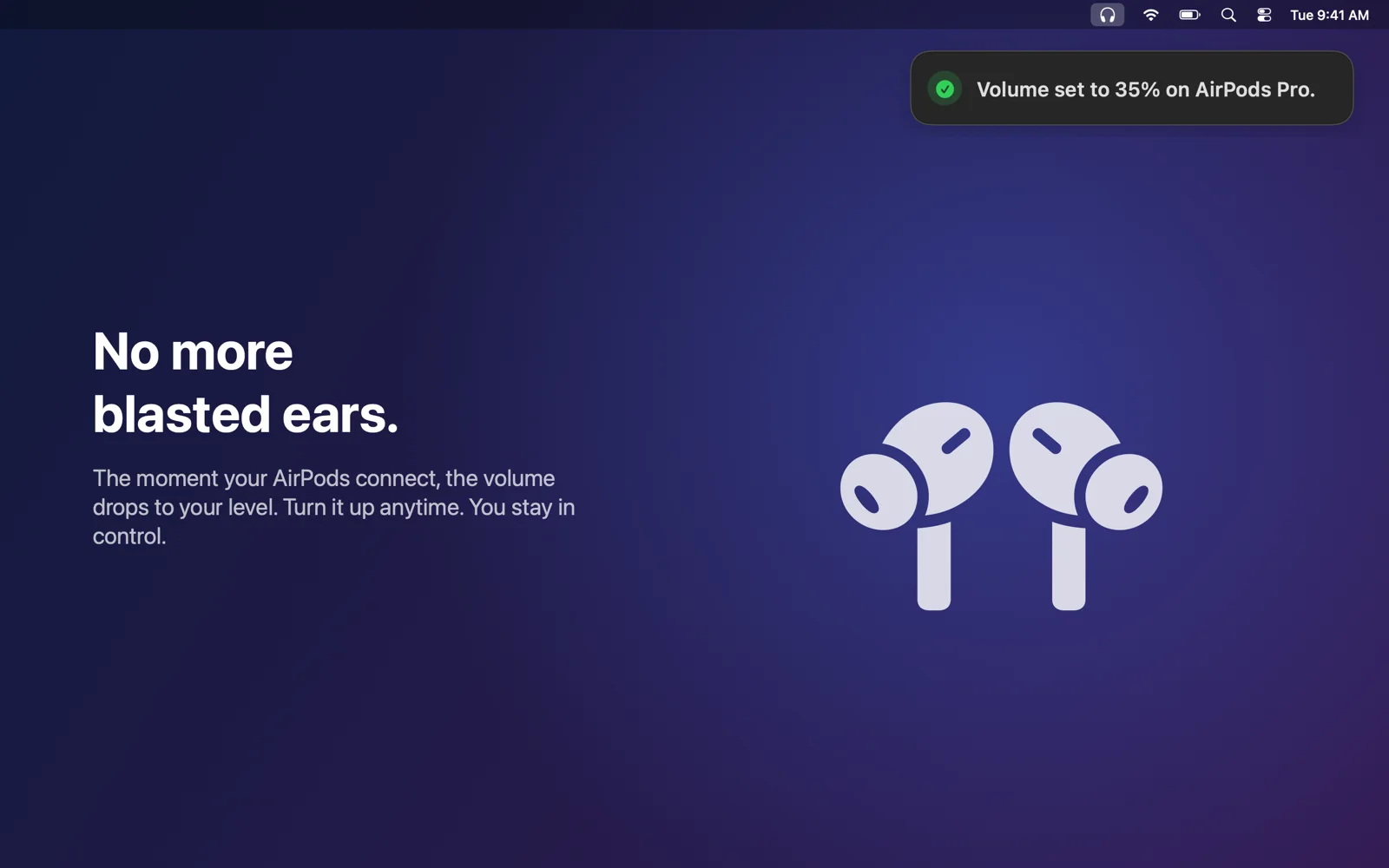 Banner in the top right corner of the screen reading Volume set to 35% on AirPods Pro