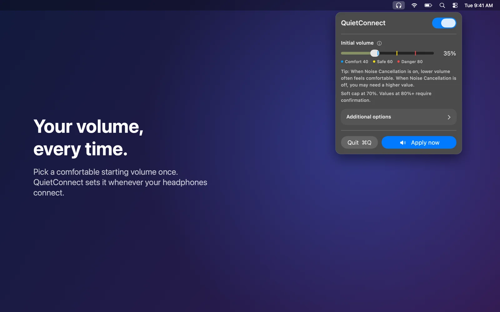 QuietConnect menu open below the headphones icon in the Mac menu bar, initial volume at 35%