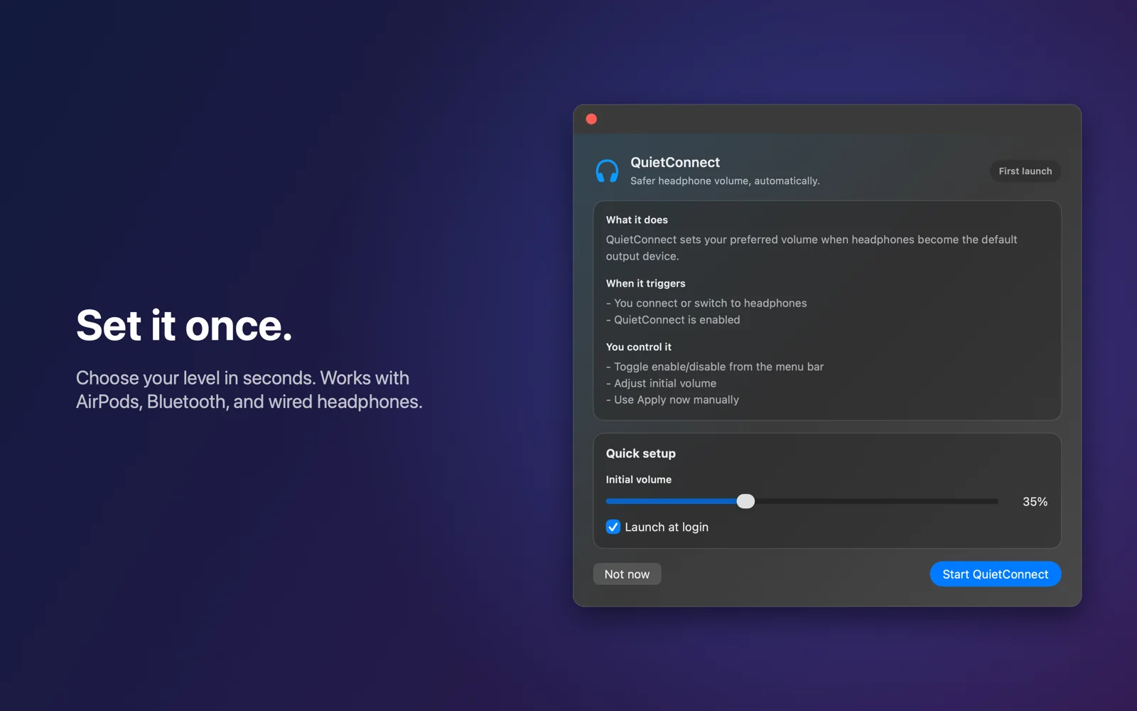 QuietConnect welcome window with a quick setup slider at 35% and a Launch at login checkbox